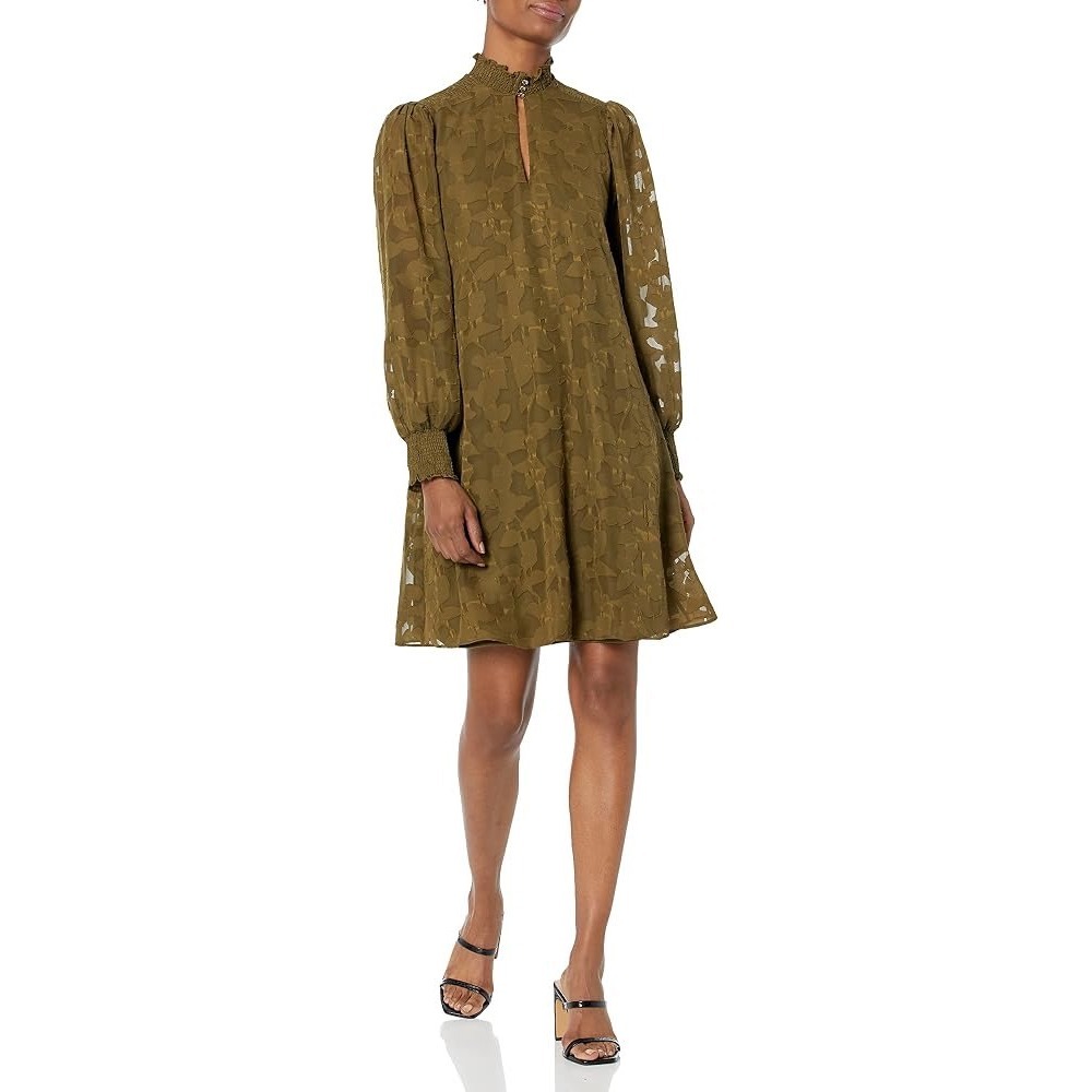 Tommy Hilfiger Olive Green Burnout Floral Mock Neck Long Sleeve Shift Dress 12 - Picture 3 of 14